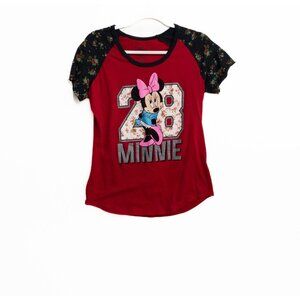 Disney Womens Red Black Polycotton T-Shirt Minnie Mouse 28 Floral Round Neck XL